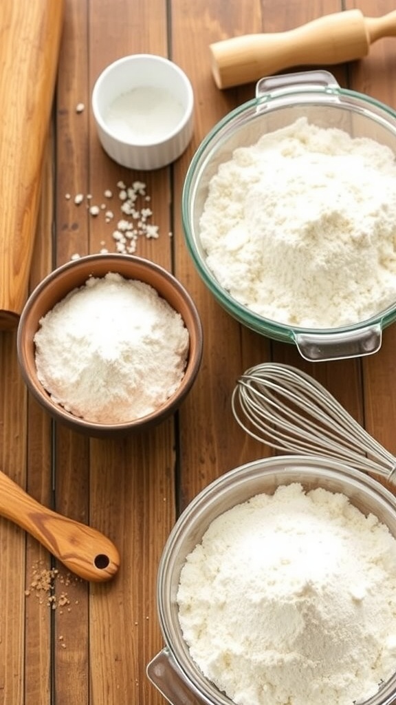 Various types of flour in bowls on a rustic table with baking tools.